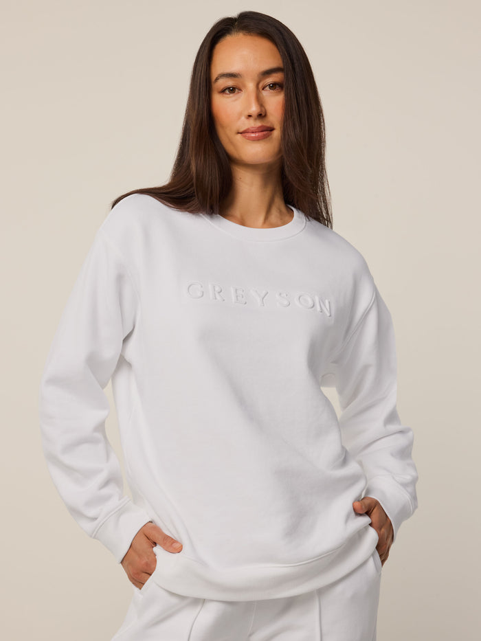 Arctic Cotton Scarlett Aspen Crewneck - Front View, Tone-on-Tone Embossed Logo | Greyson Clothiers
