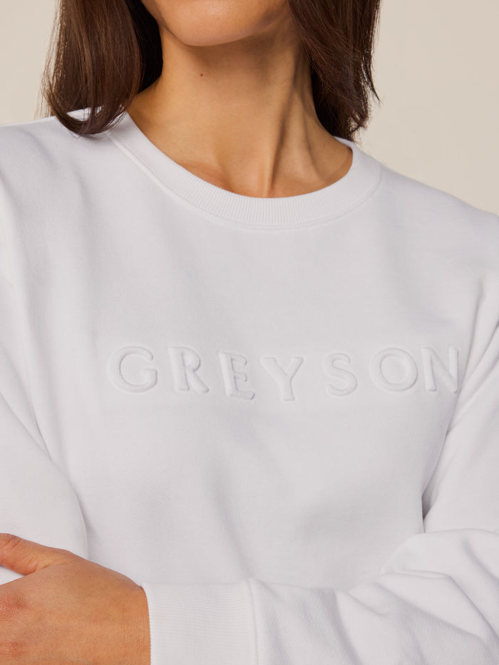 Arctic Scarlett Aspen Crewneck - Embossed Logo & Ribbed Collar Close-Up | Greyson Clothiers