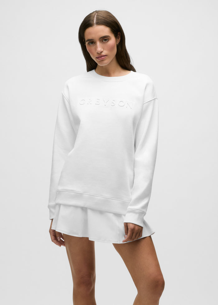 Arctic Women's Scarlett Aspen Crewneck - Front View, Styled with White Skirt | Greyson Clothiers