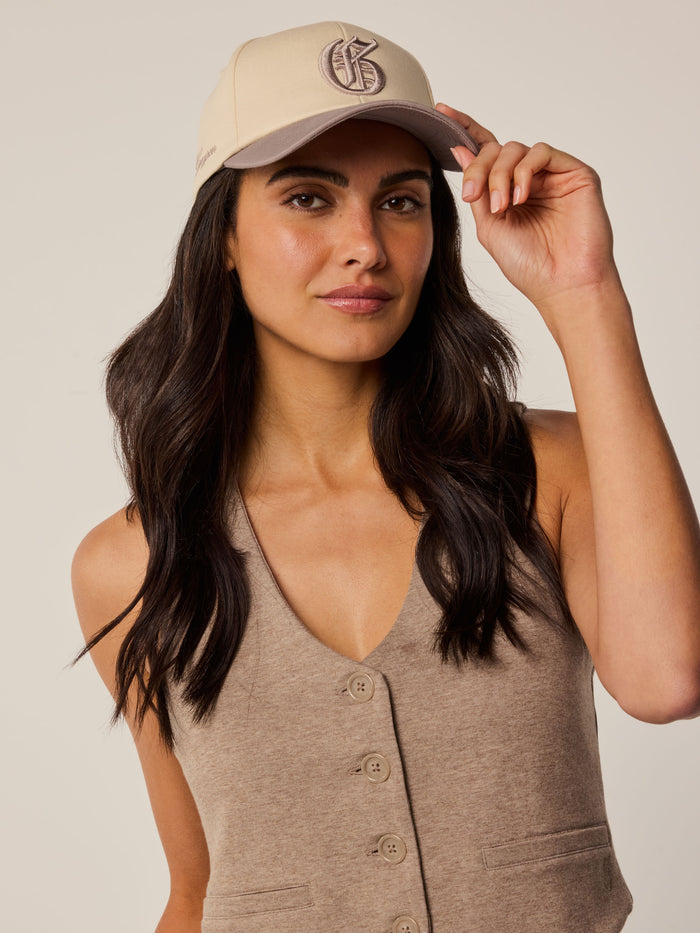 Scarlett Gothic G Hat in Dove - On Model Front View, Women's Premium Golf Cap | Greyson Clothiers