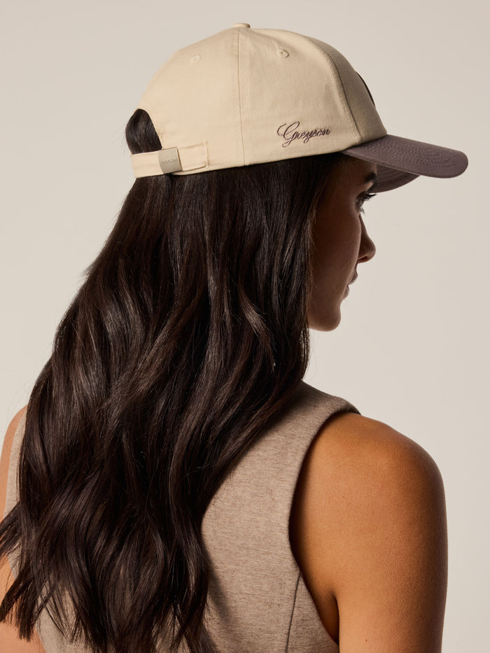 Scarlett Gothic G Hat in Dove - On Model Back View, Script Logo & Adjustable Closure | Greyson Clothiers