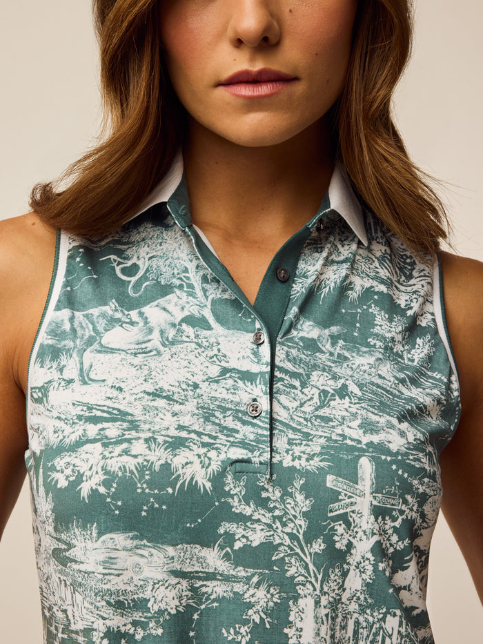 Scarlett Huntress Toile Sleeveless Polo - Collar, Placket & Toile Print Close-Up, Marsh | Greyson Clothiers