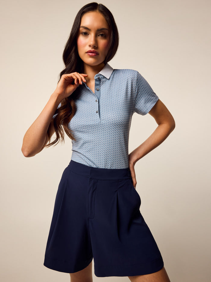Vintage Indigo Scarlett Link Short Sleeve Polo - Front View, Link Print with Contrast Collar | Greyson Clothiers