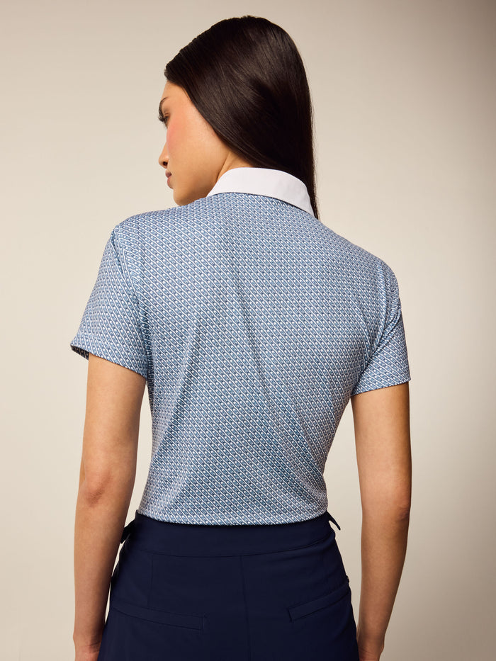 Vintage Indigo Scarlett Link Short Sleeve Polo - Back View, White Contrast Collar Detail | Greyson Clothiers