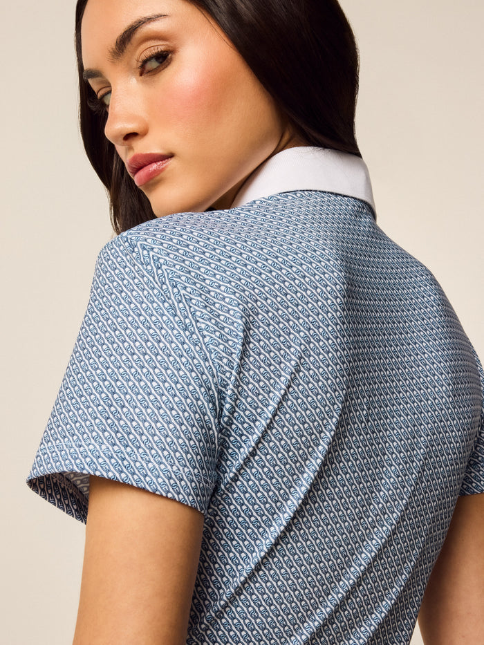 Scarlett Link Polo All-Over Chain Print Close-Up, Contrast Round Collar Detail in Vintage Indigo | Greyson Clothiers