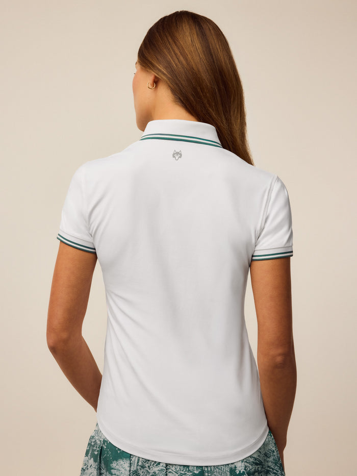 Arctic White Scarlett Luxe Short Sleeve Polo - Back View, Wolf Logo Emblem | Greyson Clothiers