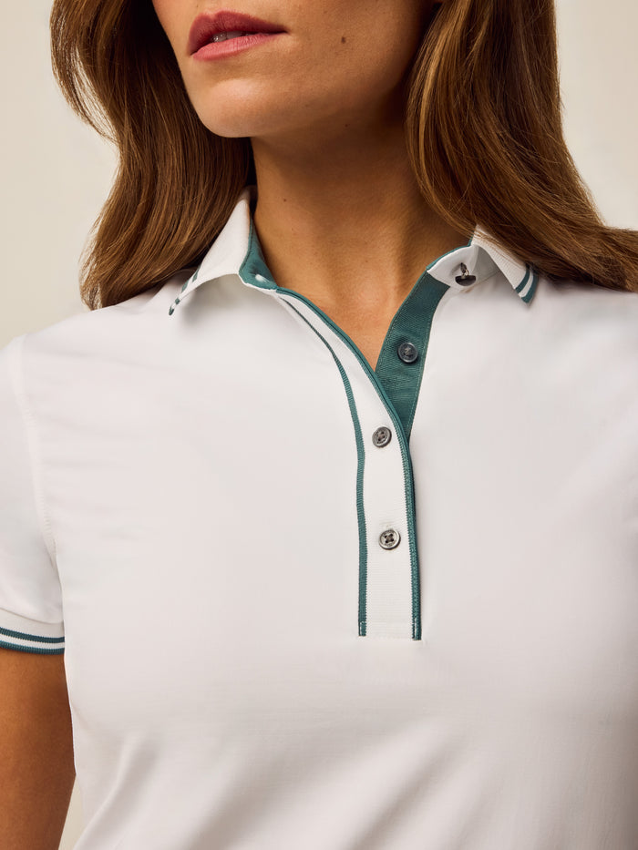 Arctic White Scarlett Luxe Polo - Close-Up Contrast Placket and Spread Collar Detail | Greyson Clothiers