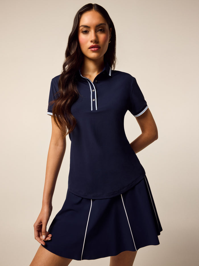 Maltese Blue Scarlett Luxe Short Sleeve Polo - Front View, Women's Premium Golf Polo | Greyson Clothiers
