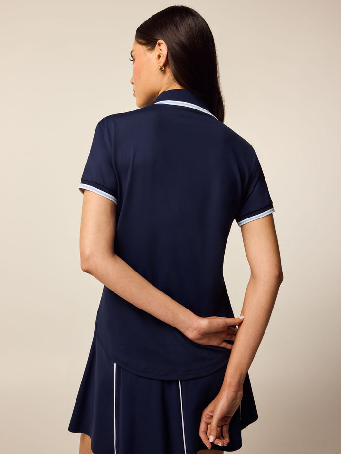 Maltese Blue Scarlett Luxe Short Sleeve Polo - Back View, Tipped Cuffs and Collar | Greyson Clothiers