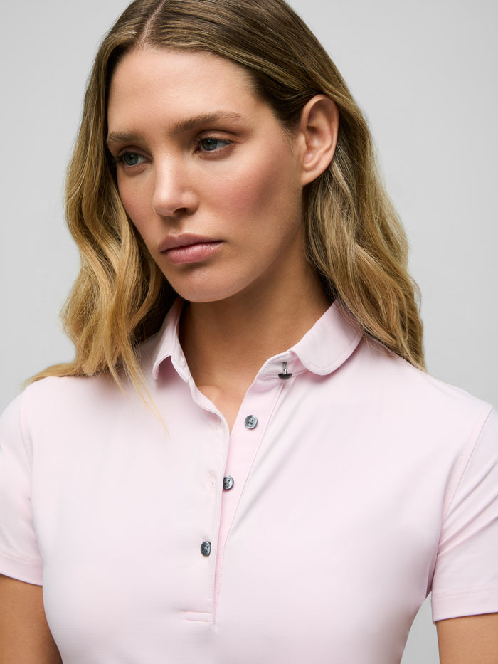 Bloom Scarlett Polo - Collar & Placket Detail Close-Up, Four-Button Round Collar | Greyson Clothiers