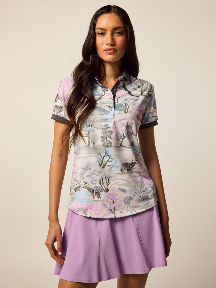 Greyson Clothiers Scarlett Where Wolves Roam Short Sleeve Polo - Wisteria Multi Print, Front View | Greyson Clothiers