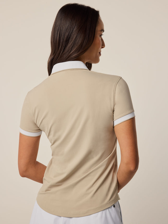 Sand Scarlett Wolf Collar Polo - Back View, Contrast White Crowley Collar & Textured Cuffs | Greyson Clothiers