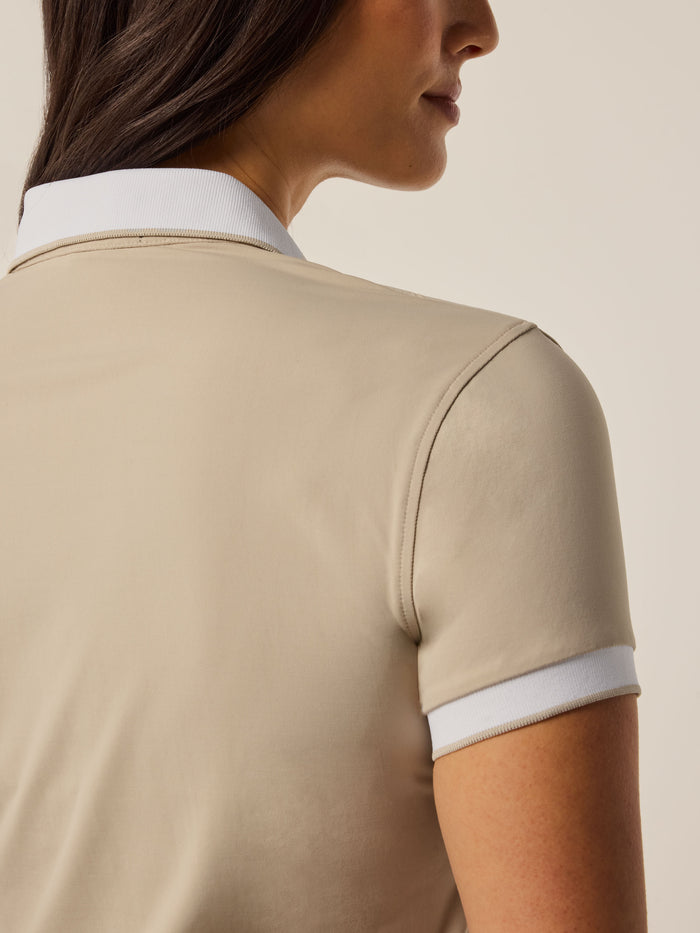 Sand Scarlett Wolf Collar Polo - Collar & Cuff Close-Up, Contrast Knit Tipping Detail | Greyson Clothiers