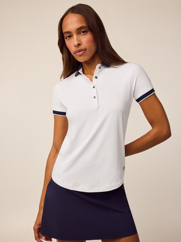 Arctic Scarlett Wolf Collar Short Sleeve Polo - Front Angle, Navy Contrast Collar & Cuff Tipping | Greyson Clothiers