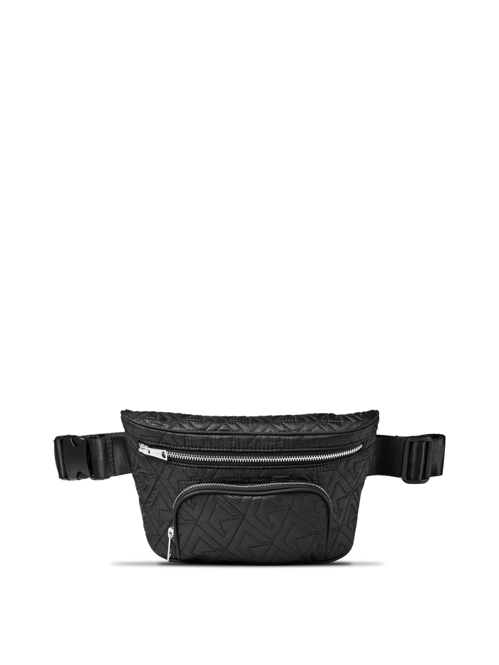 Scarlett Wolf Cross Body Pack - Black Quilted Nylon, Front View with Dual Zip Pockets | Greyson Clothiers