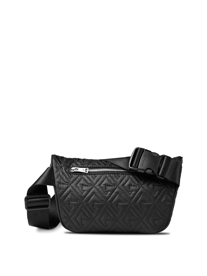 Scarlett Wolf Cross Body Pack - Black Quilted Nylon, Back View with Adjustable Buckle Strap | Greyson Clothiers