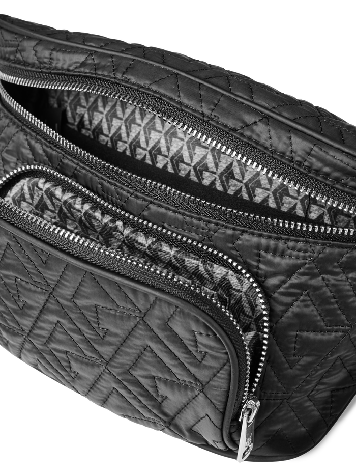 Scarlett Wolf Cross Body Pack - Interior Compartments Open, Signature Greyson Print Lining Top View | Greyson Clothiers