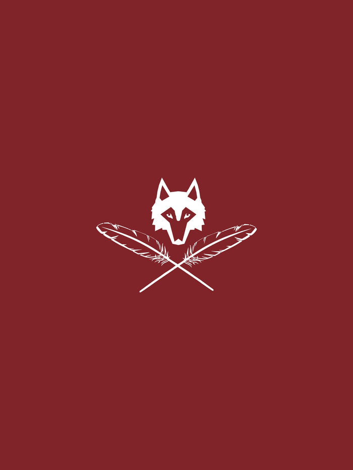 Scarlett Wolf Membership Badge - White Wolf Logo with Crossed Feathers on Scarlett | Greyson Clothiers