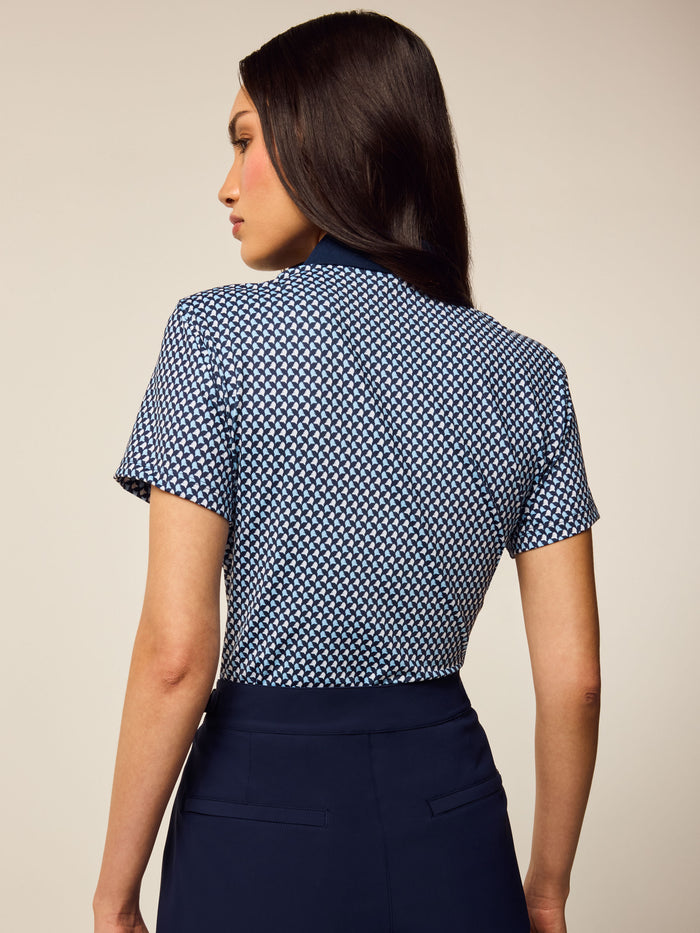 Maltese Blue Scarlett Wolf Whisperer Short Sleeve Polo - Back View, Wolf-Print Women's Golf Polo | Greyson Clothiers