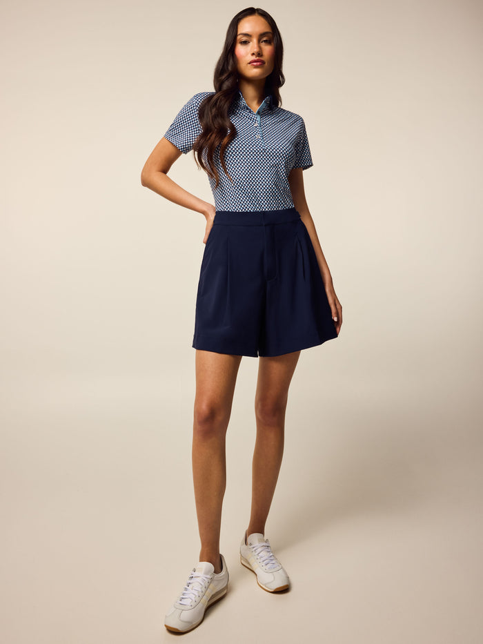 Maltese Blue Scarlett Wolf Whisperer Polo - Full Length On Model, Women's Luxury Golf Outfit | Greyson Clothiers