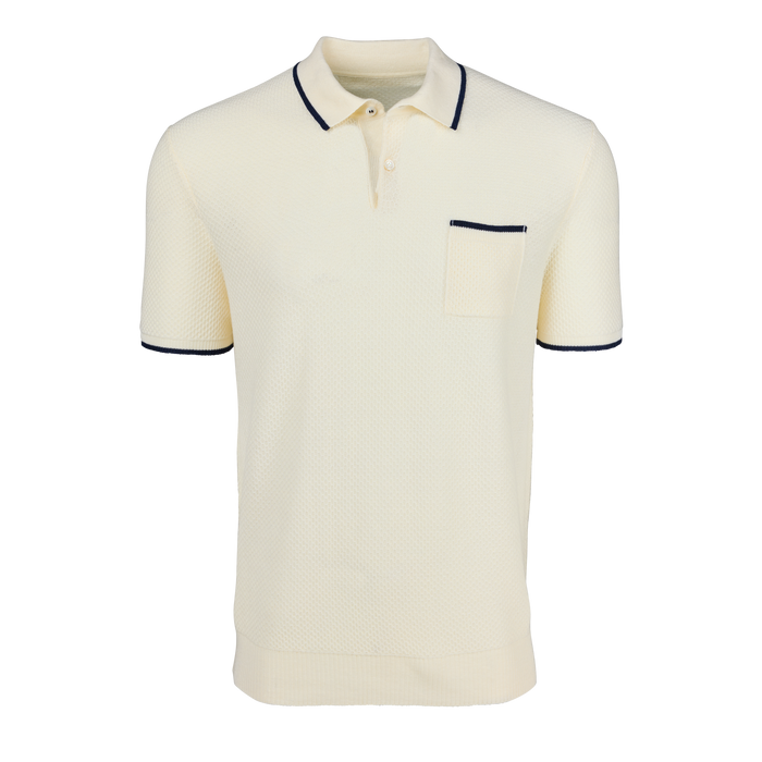 Dune Greyson Seneca Short Sleeve Sweater Polo - Front View, Contrast Tipped Collar & Chest Pocket | Greyson Clothiers