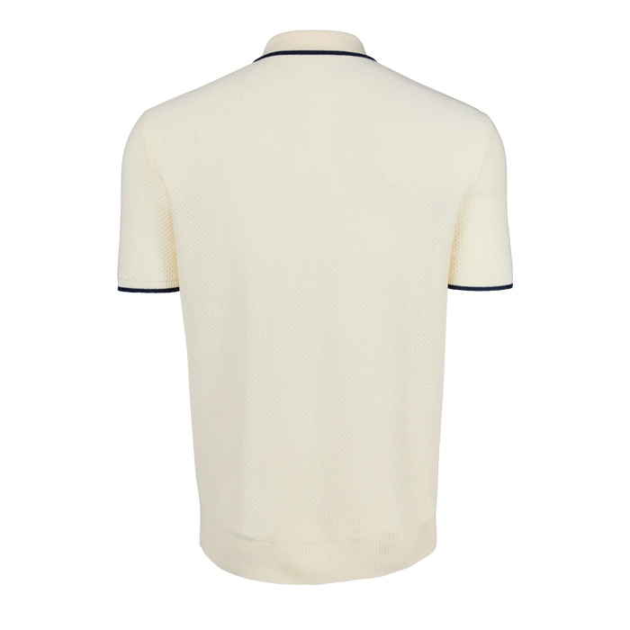 Dune Greyson Seneca Short Sleeve Sweater Polo - Back View, Merino Linen Knit Texture & Navy Tipped Sleeves | Greyson Clothiers
