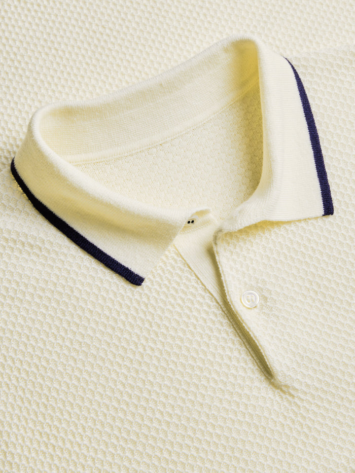 Greyson Seneca Sweater Polo - Structured Collar Close-Up, Navy Contrast Tipping & Button Placket | Greyson Clothiers