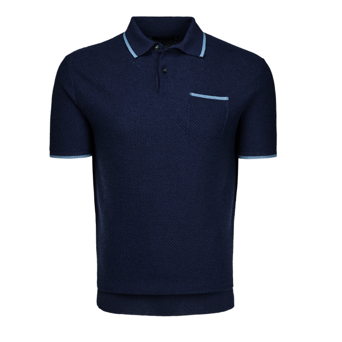 Maltese Blue Greyson Seneca Short Sleeve Sweater Polo - Front View, Light Blue Contrast Tipped Collar | Greyson Clothiers