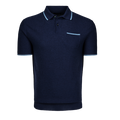 Maltese Blue Greyson Seneca Short Sleeve Sweater Polo - Front View, Light Blue Contrast Tipped Collar | Greyson Clothiers