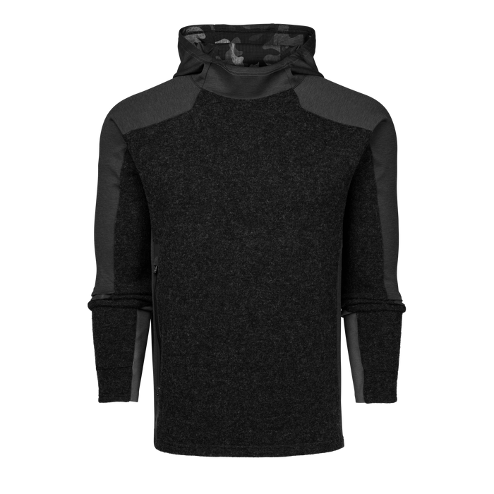 Dark Grey Heather Sequoia Luxe Hoodie - Sweater Fleece, Camo-Lined Hood, Front View | Greyson Clothiers