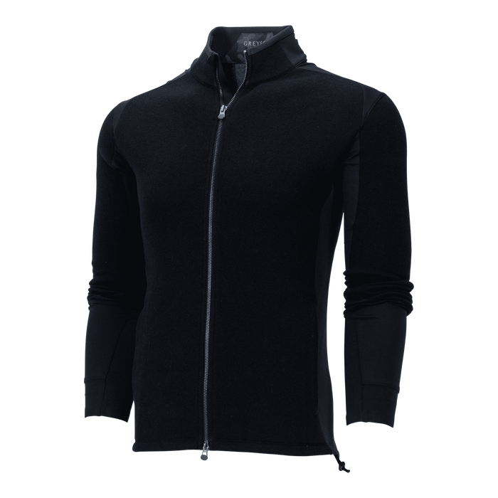Greyson Clothiers Sequoia Luxe Jacket in Black - Side Angle, Tonal Paneling & Bungee Hem Detail