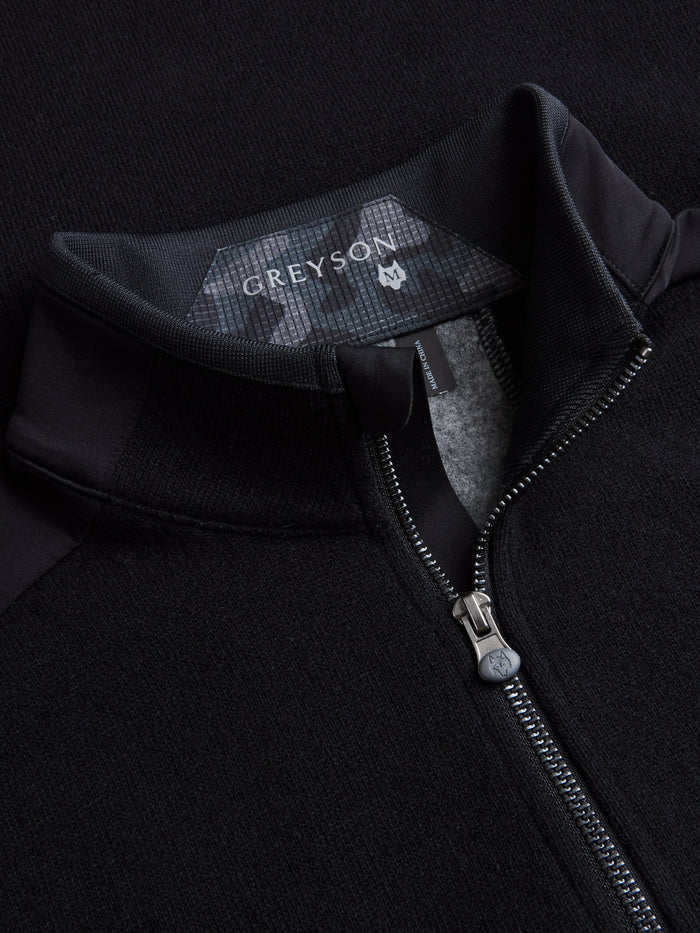 Greyson Sequoia Luxe Quarter-Zip - Collar & Wolf Zipper Pull Close-Up | Greyson Clothiers