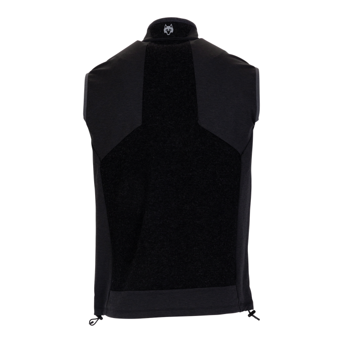 Dark Grey Heather Greyson Sequoia Luxe Vest - Back View, Wolf Logo Detail, Windproof Golf Vest | Greyson Clothiers