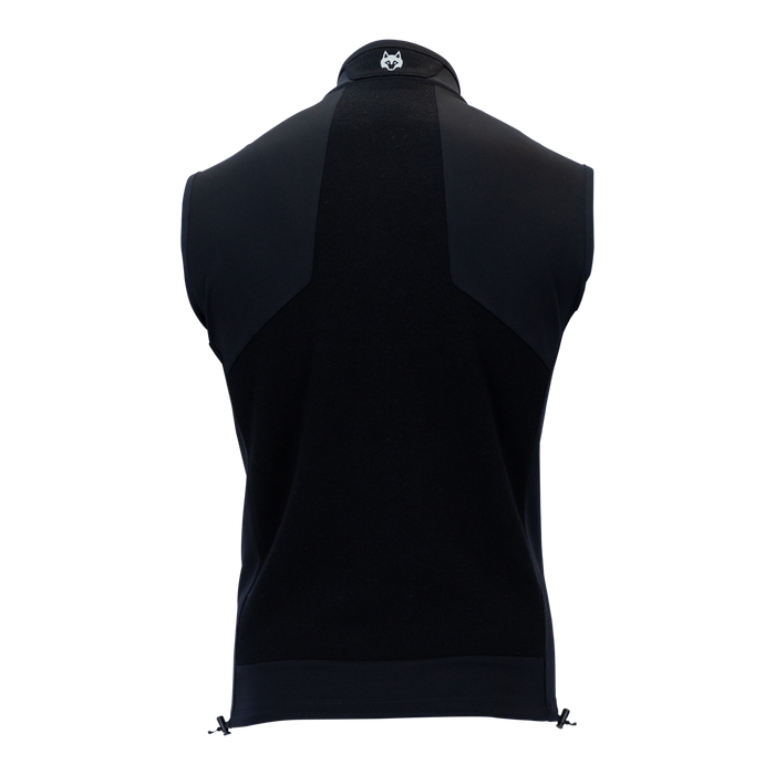 Black Greyson Sequoia Luxe Vest - Back View, Wolf Logo at Collar, Windproof Men's Golf Vest | Greyson Clothiers