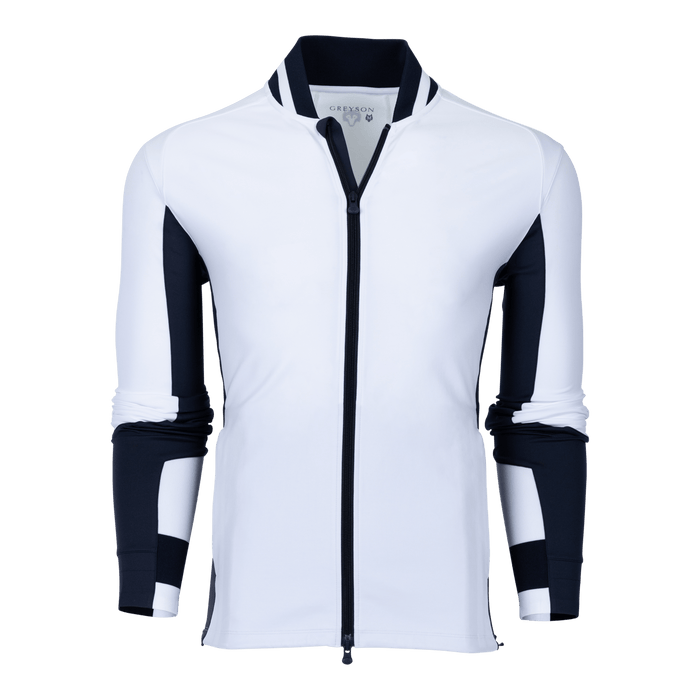 Greyson Clothiers Sequoia Tennis Full Zip Jacket in Canal - Front View, White with Navy Shoulder Paneling