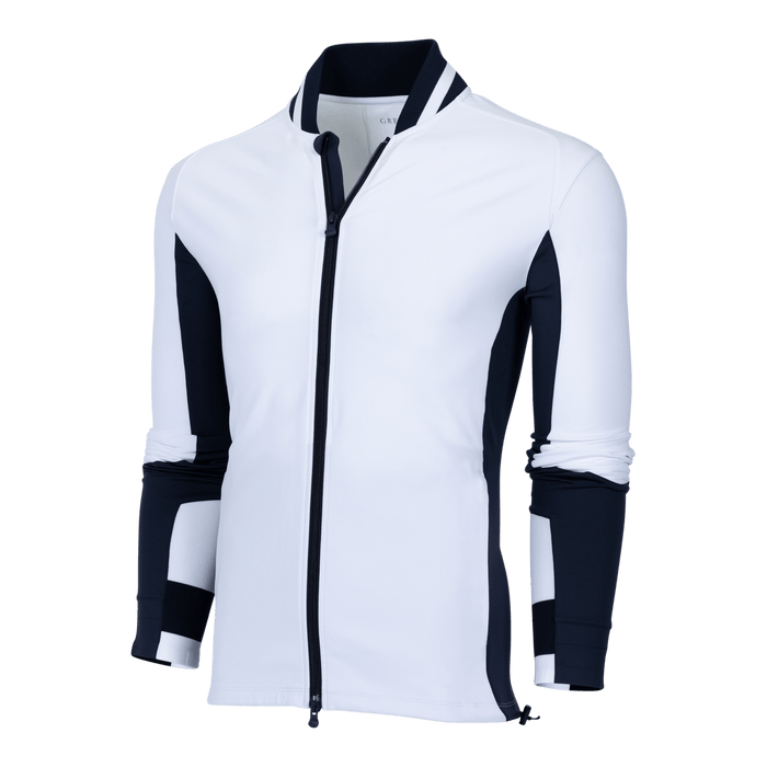 Greyson Clothiers Sequoia Tennis Full Zip Jacket in Canal - Three-Quarter Angle, White Fleece-Lined Performance Jacket