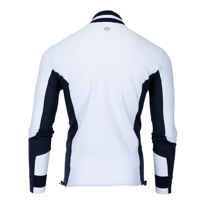 Greyson Clothiers Sequoia Tennis Full Zip Jacket in Canal - Back View, Wolf Logo Detail on White Windproof Shell