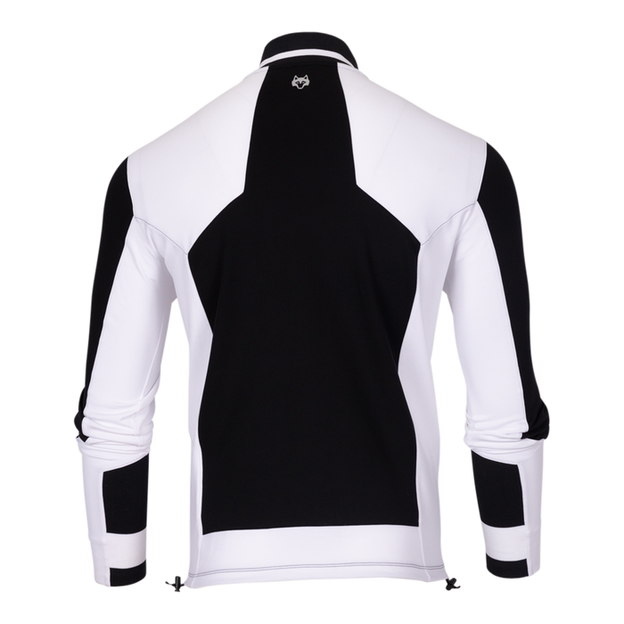 Greyson Clothiers Sequoia Tennis Full Zip Jacket in Shepherd - Back View, Wolf Logo on Black and White Fleece Jacket