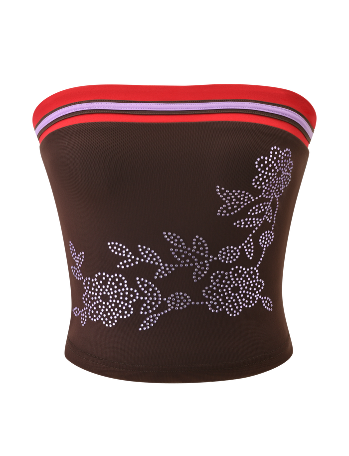 The SERAH DIAMANTE BOOB TUBE by TIGERMIST features a chocolate mesh fabric with a white floral dot design on the front and a red, purple, and white striped band at the top.