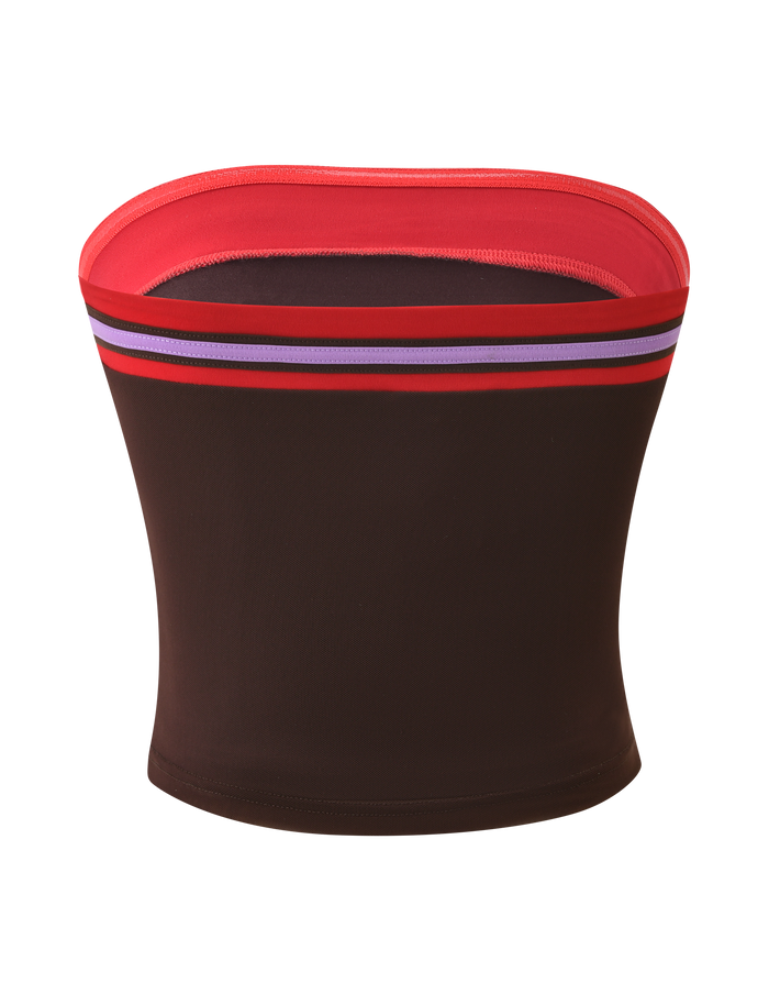 The TIGERMIST SERAH DIAMANTE BOOB TUBE - CHOCOLATE is a strapless, fitted brown top with a red upper edge, purple and red stripes near the top, an exclusive print, and photographed against a plain white background.
