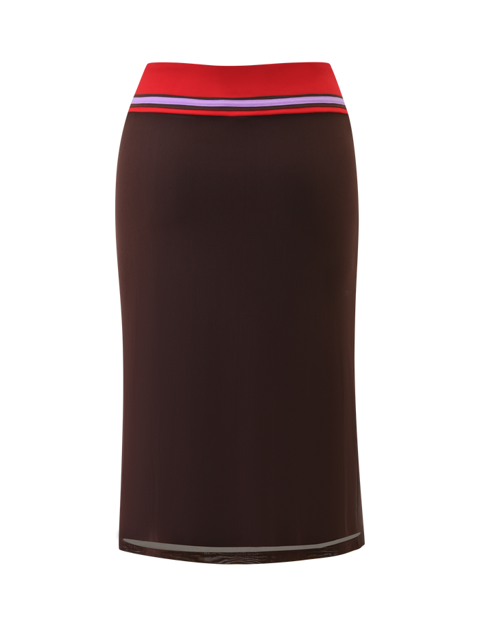 The TIGERMIST SERAH DIAMANTE MIDI SKIRT in chocolate is a sleek, knee-length mesh pencil skirt with a 90’s-inspired column silhouette and a high waistband accented by red, blue, and white stripes for a minimalist look.