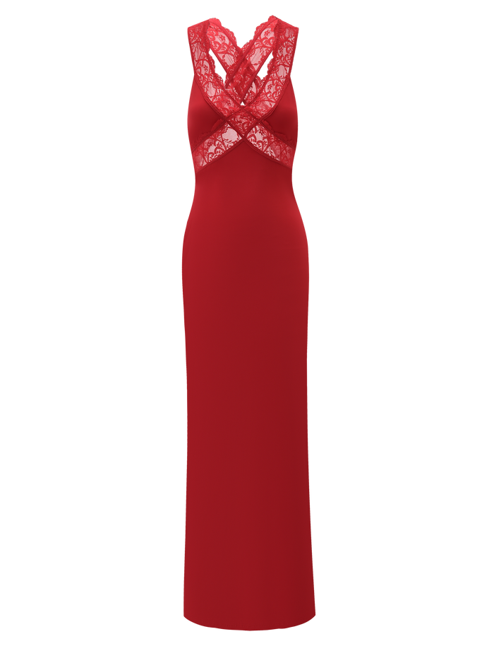 The TIGERMIST SERAPHINE MAXI DRESS in red features a crisscross lace bodice with X-shaped detailing, a bodycon silhouette, and a sleek, sleeveless floor-length design for elegant style.