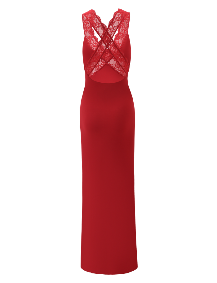 The SERAPHINE MAXI DRESS - RED by TIGERMIST is a sleeveless lace bodycon maxi with a sheer lace back and crisscross straps, shown on a matching red background.