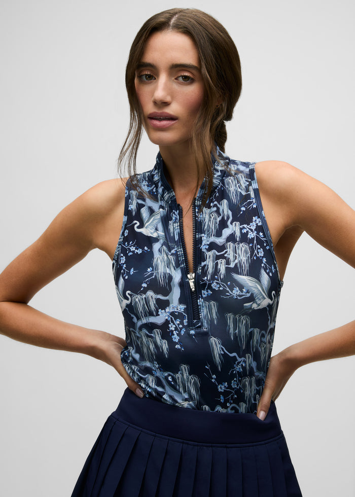 Maltese Blue Shadow Flight Sleeveless Vesta Mock Neck Top - Front Close-Up, Crane Print | Greyson Clothiers