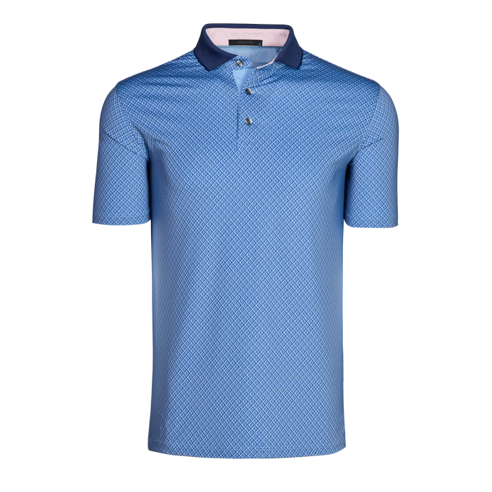 Blue Shadow Wolf Print Short Sleeve Golf Polo - Front View, Navy Contrast Collar, Diamond Pattern | Greyson Clothiers