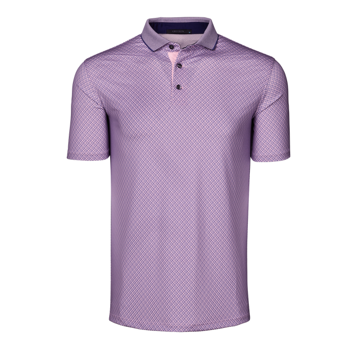 Purple Diamond-Print Shadow Wolf Short Sleeve Performance Golf Polo - Front View | Greyson Clothiers