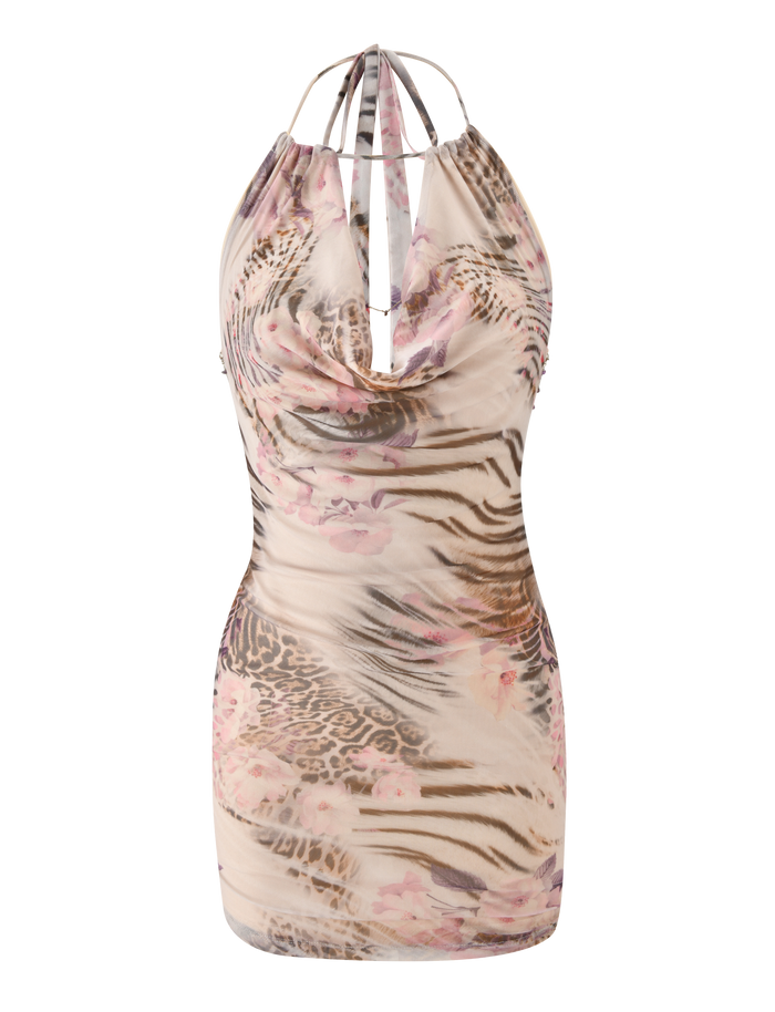 The SHANE MINI DRESS - MOODY ANIMAL FLORAL by TIGERMIST is a halter neck bodycon mini dress with a cowl neckline, featuring a beige base with animal prints and soft pink florals for a flattering silhouette.