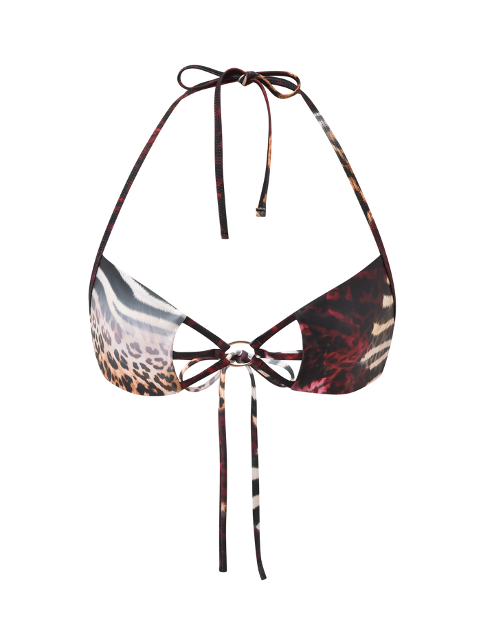 The TIGERMIST SHARLI BIKINI TOP features a halter neck and tie front in a mixed animal print with brown, black, white, and red patterns, shown against a white background.