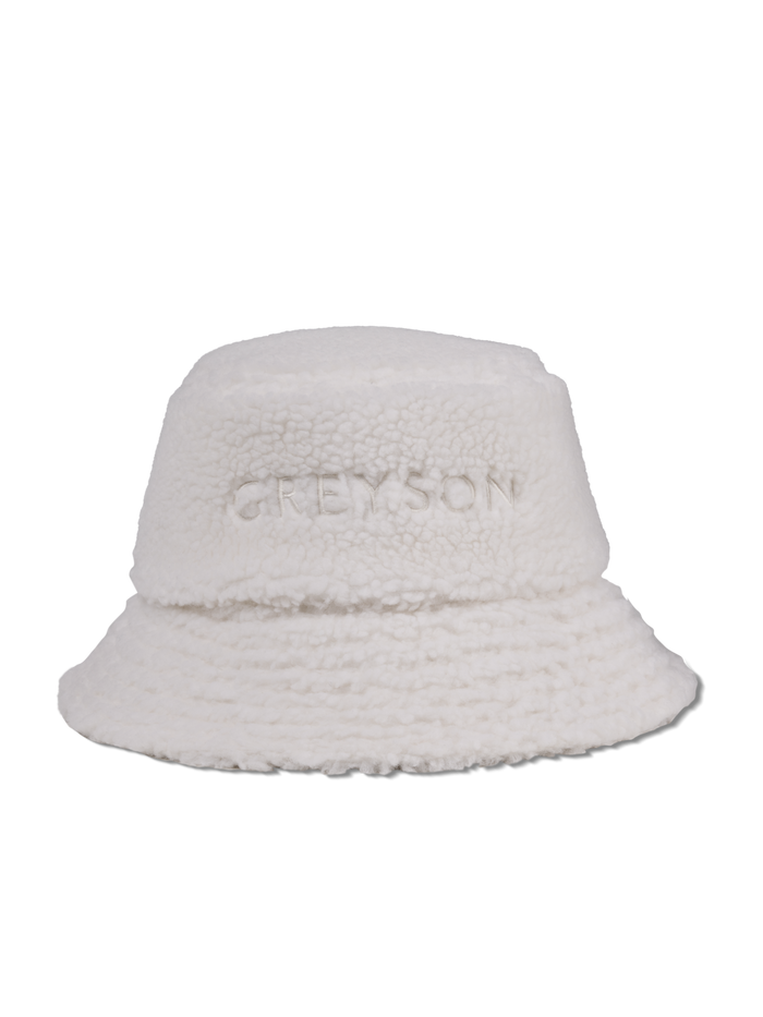 Dove Sherpa Bucket Hat Front View with Embossed Greyson Logo - Women's Sherpa Hat | Greyson Clothiers