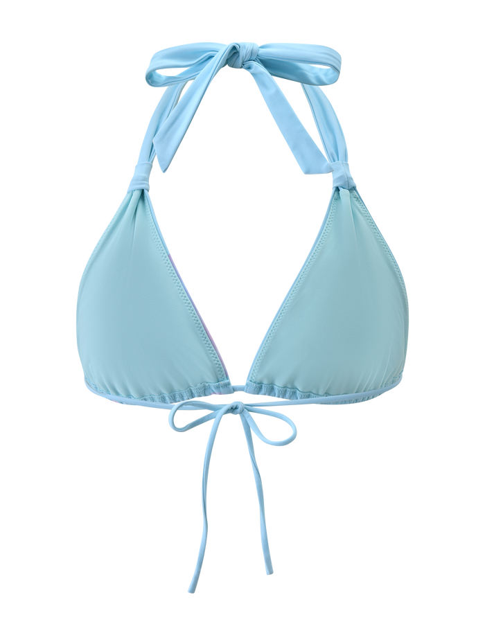 The SID BIKINI TOP - BLUE by TIGERMIST features halter neck and front bust ties for an adjustable fit, shown on a plain white background.